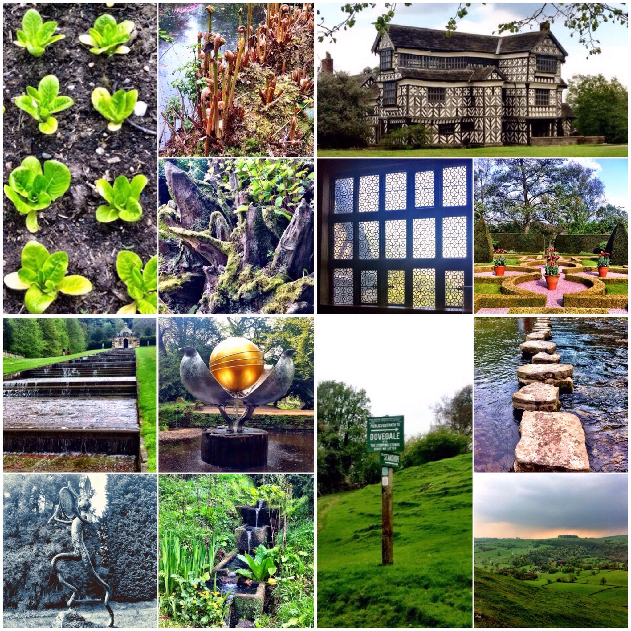 Clockwise: Biddulph Grange, Little Moreton Hall, Dovedale and Chatsworth