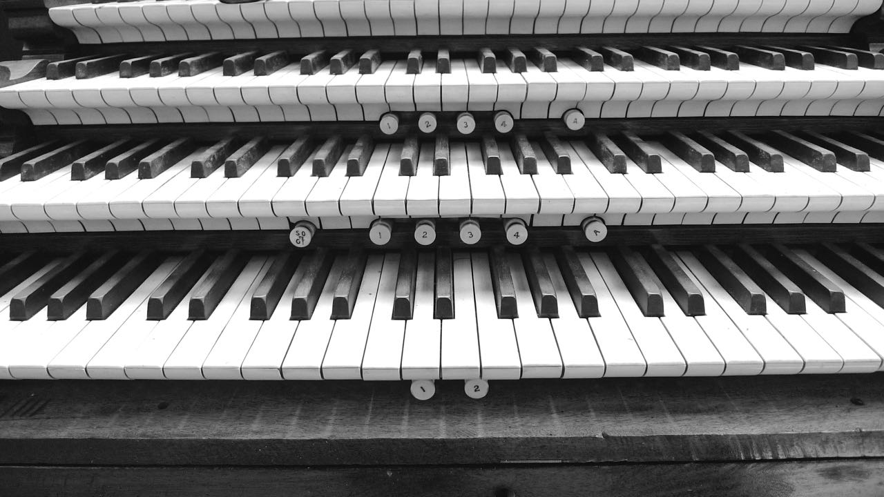 The organ's keyboards at St Mary Magdalene in Newark on Trent - it lends itself to black and white photography.