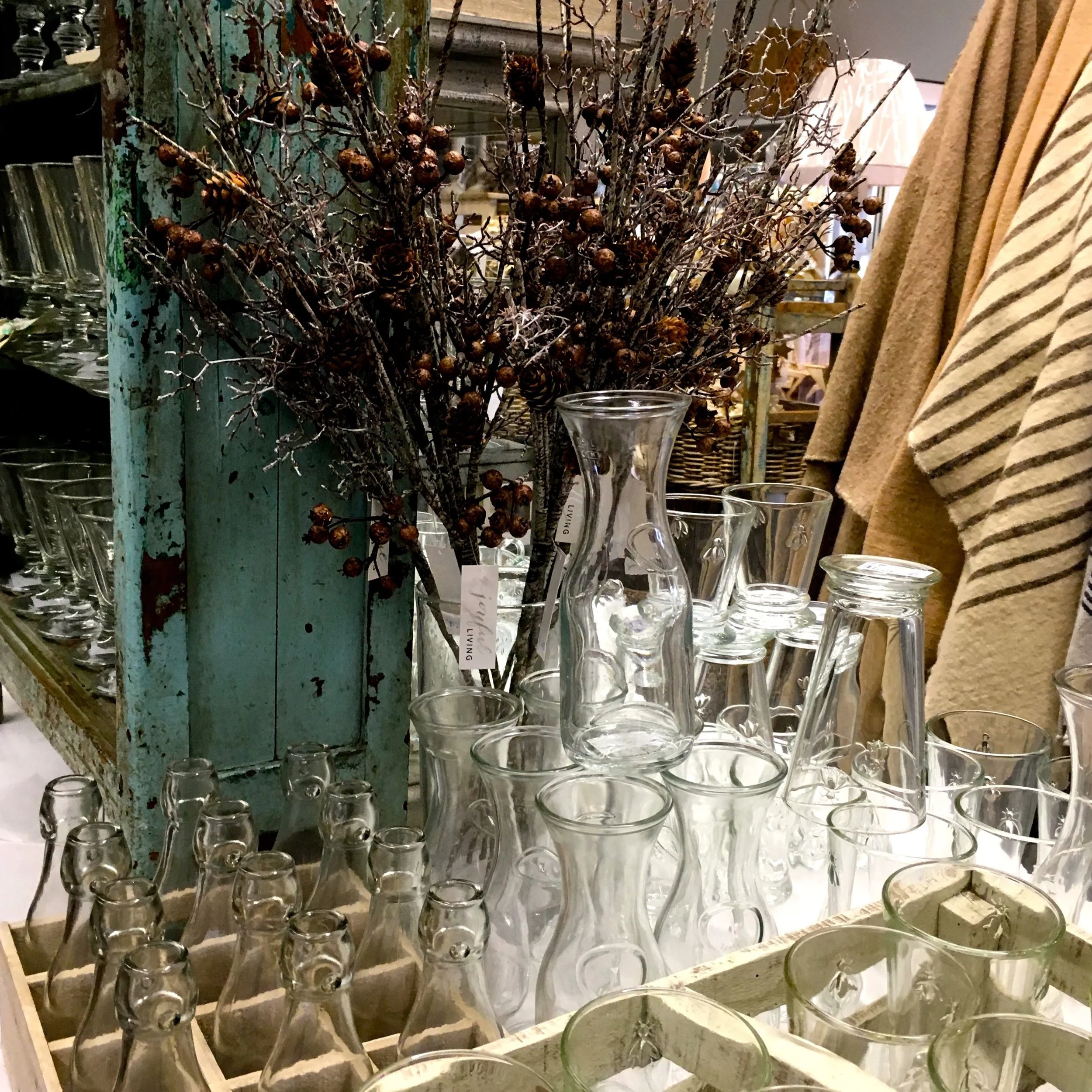 Glass bottles and jars and carafes