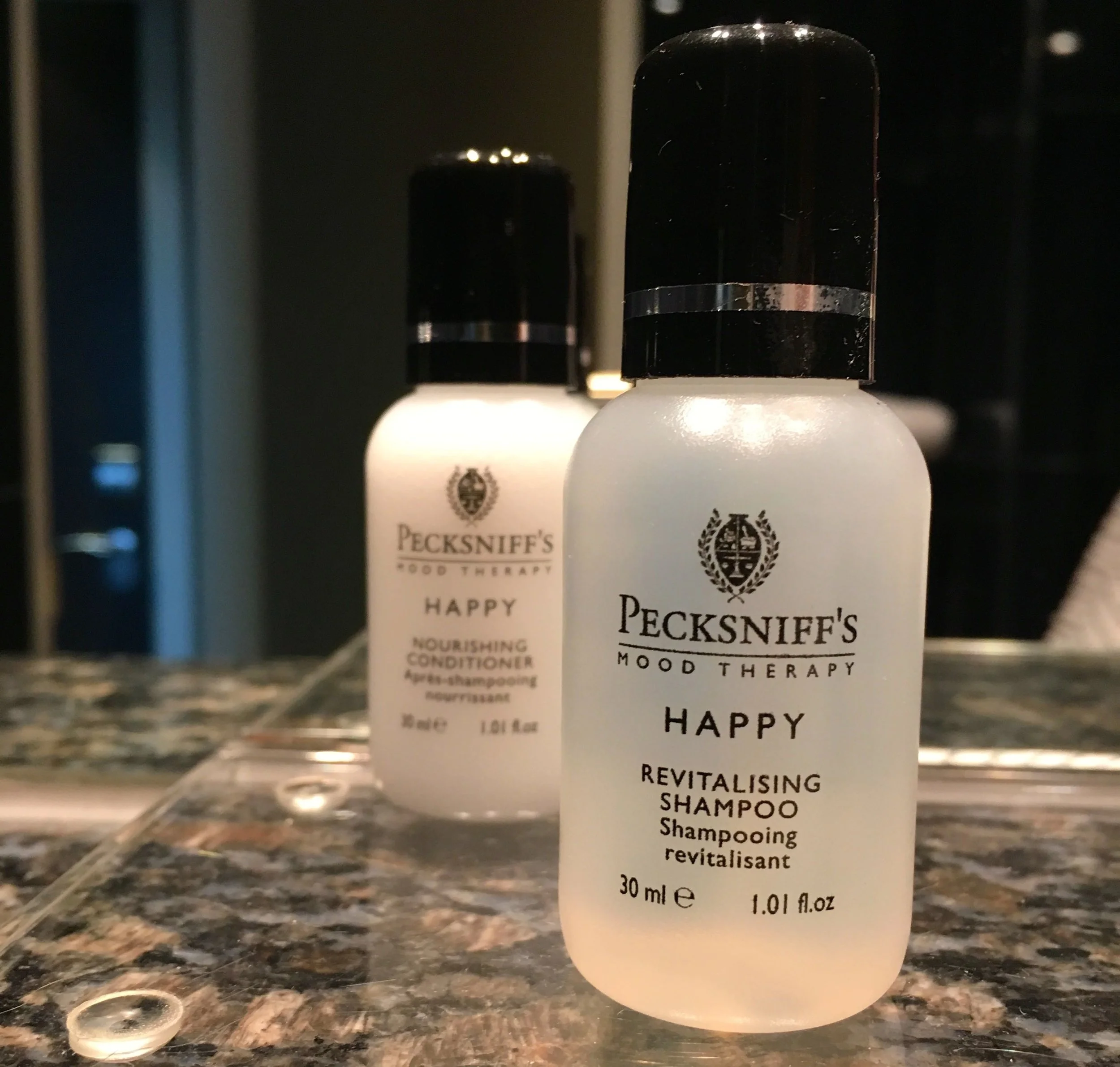 Brooklands Hotel in Weybridge with Pecksniff's Happy toiletries - which made me smile