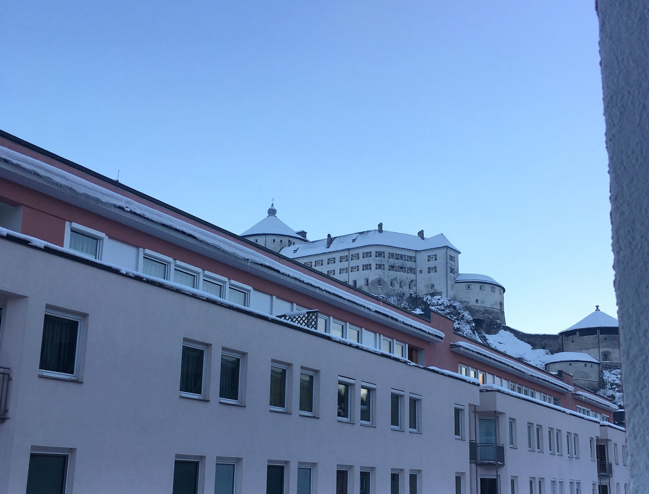 Looking out of the hotel bedroom towards the Fortress in Kufstein in the early morning