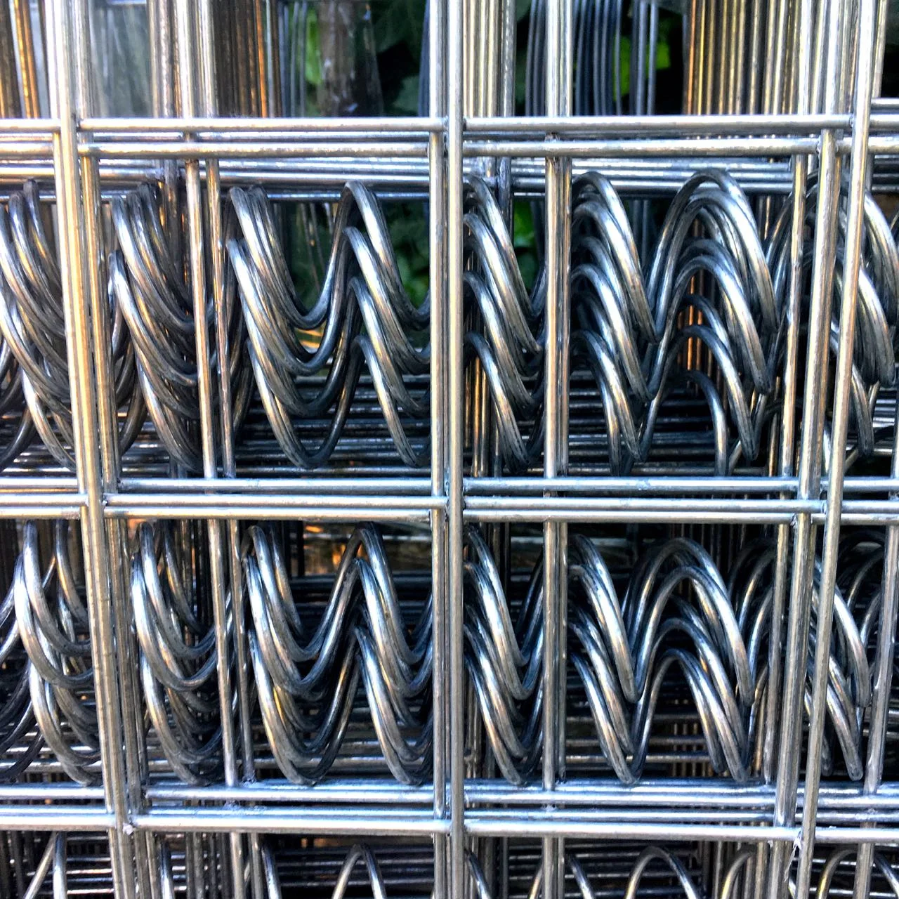 A close up of the gabion baskets and helicoils