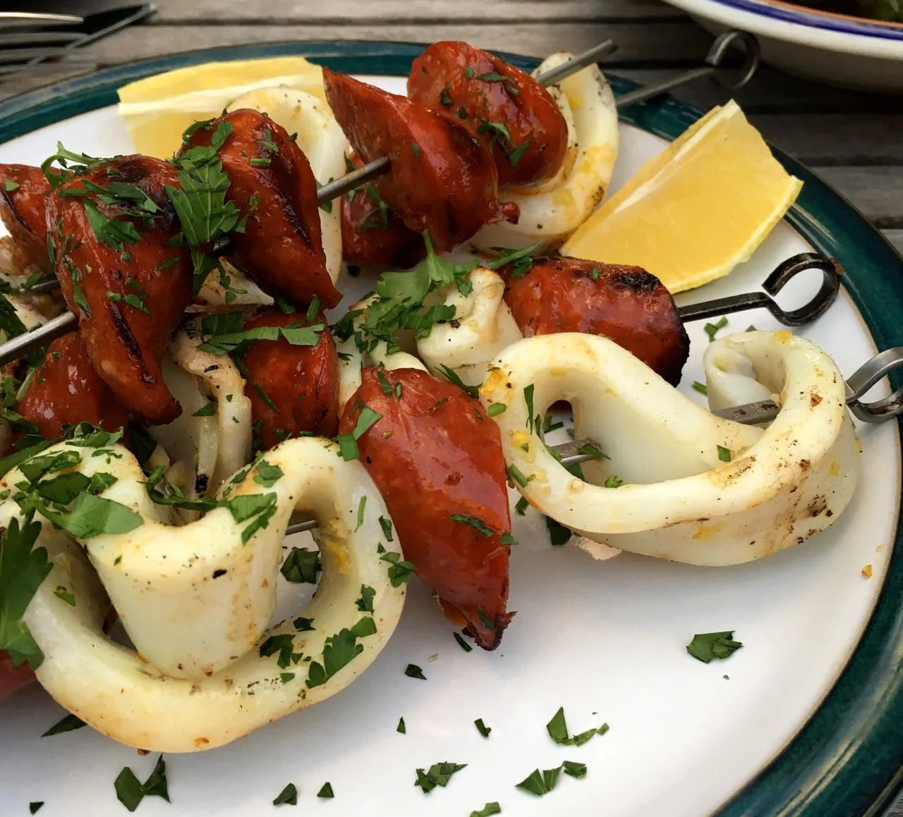 squid and chorizo skewers