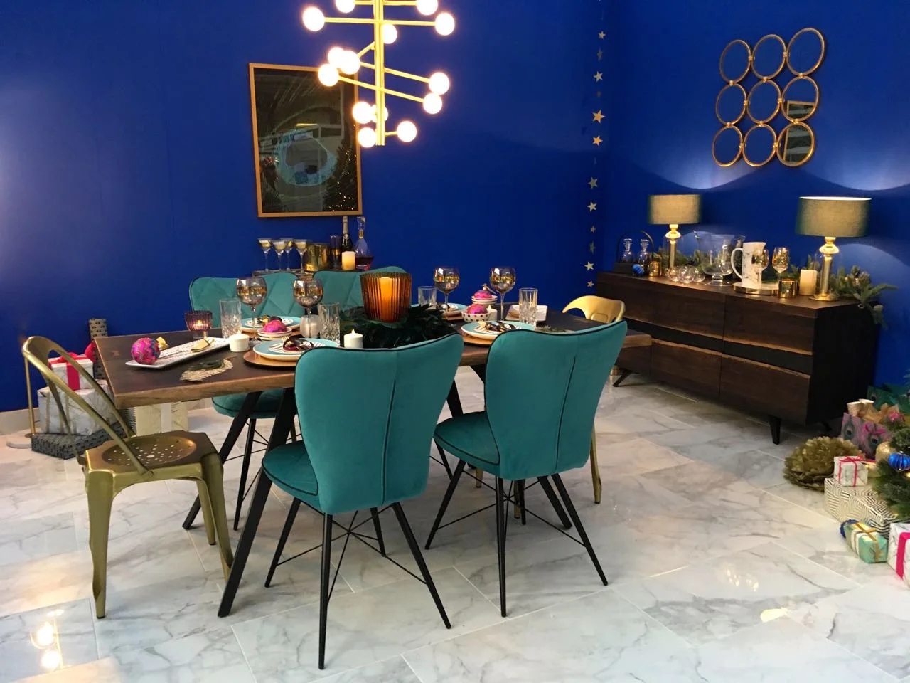 stepping back and taking in the view of this room set at the Ideal Home Show at Christmas