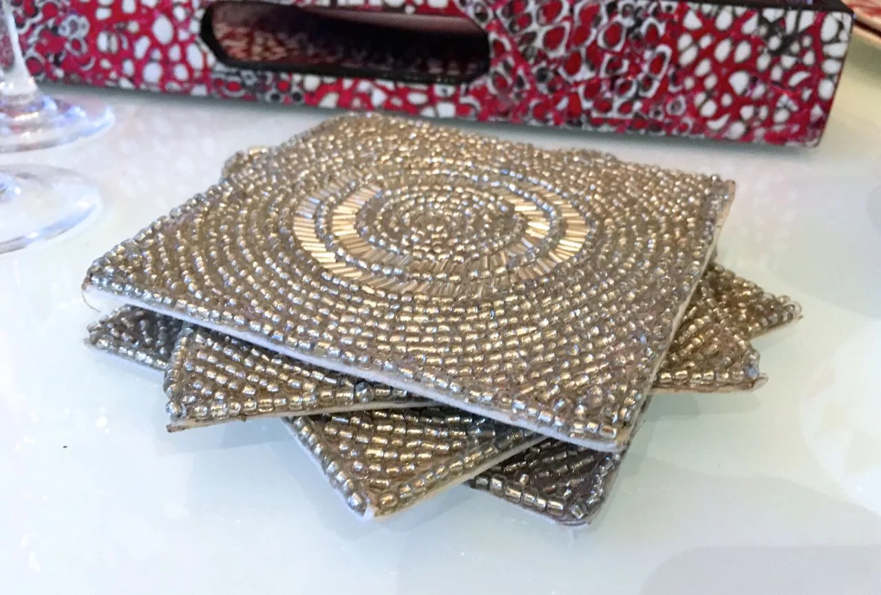Sparkly coasters from Homesense add a touch of glitz to any table
