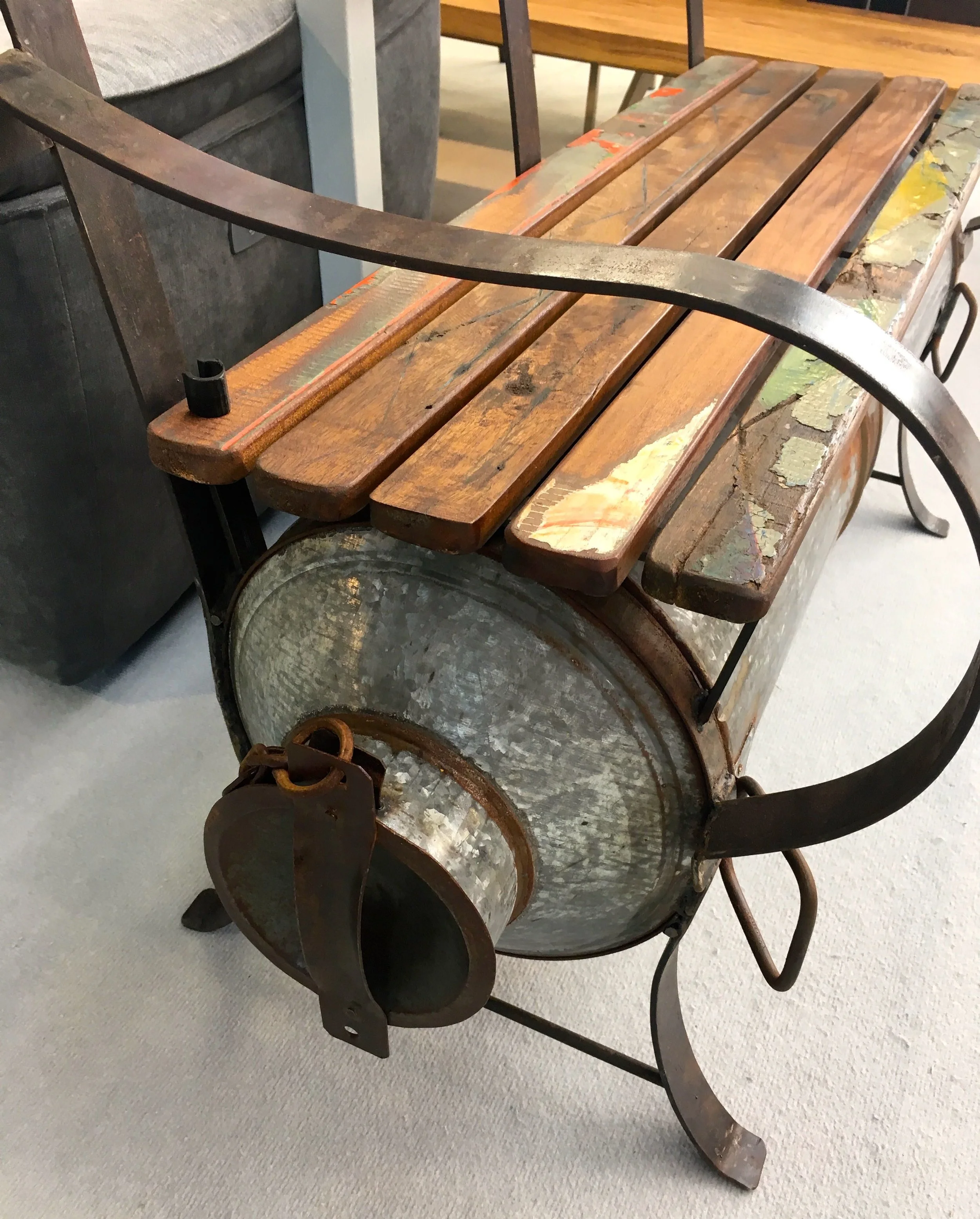 An upcycled milk churn bench at the Ideal Home Show