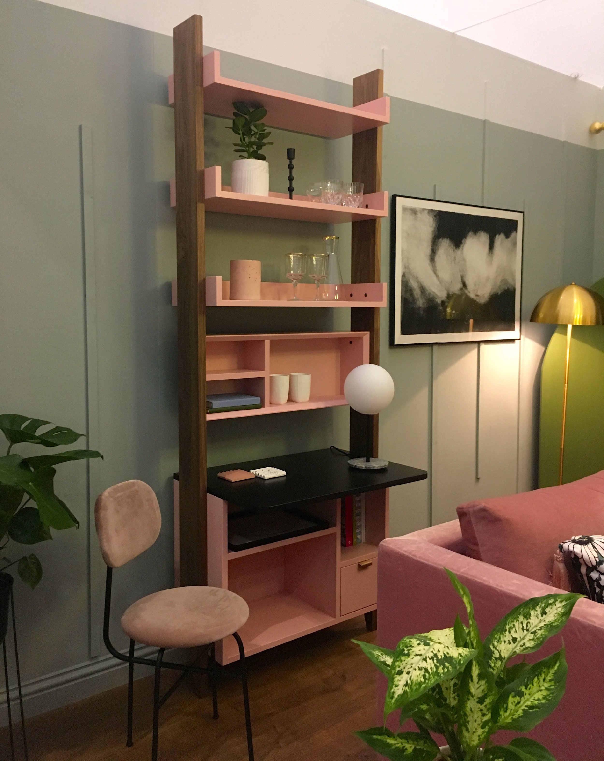 dusky pink and pale green in the lounge room set at Grand Designs Live