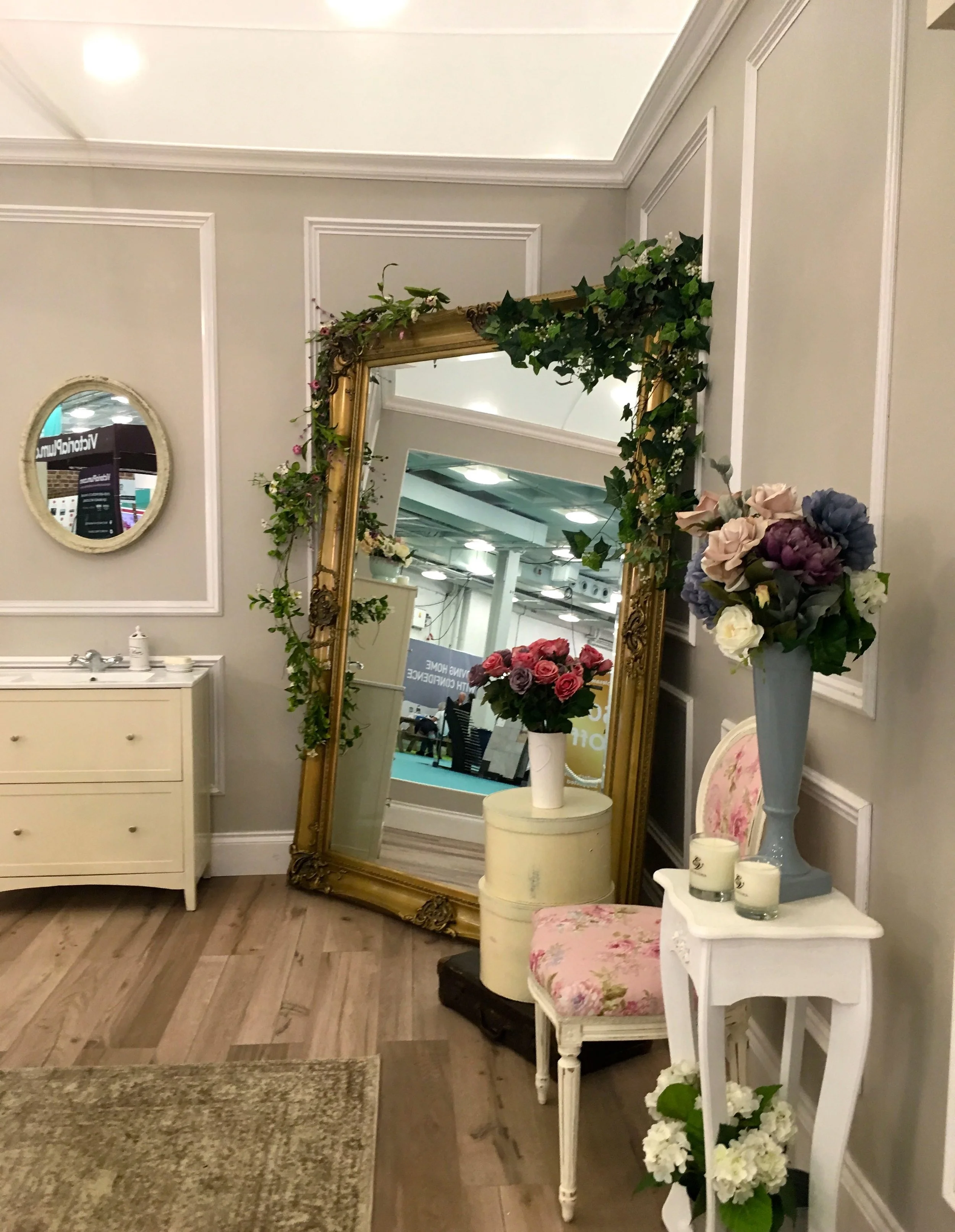 freestanding furniture and real flowers