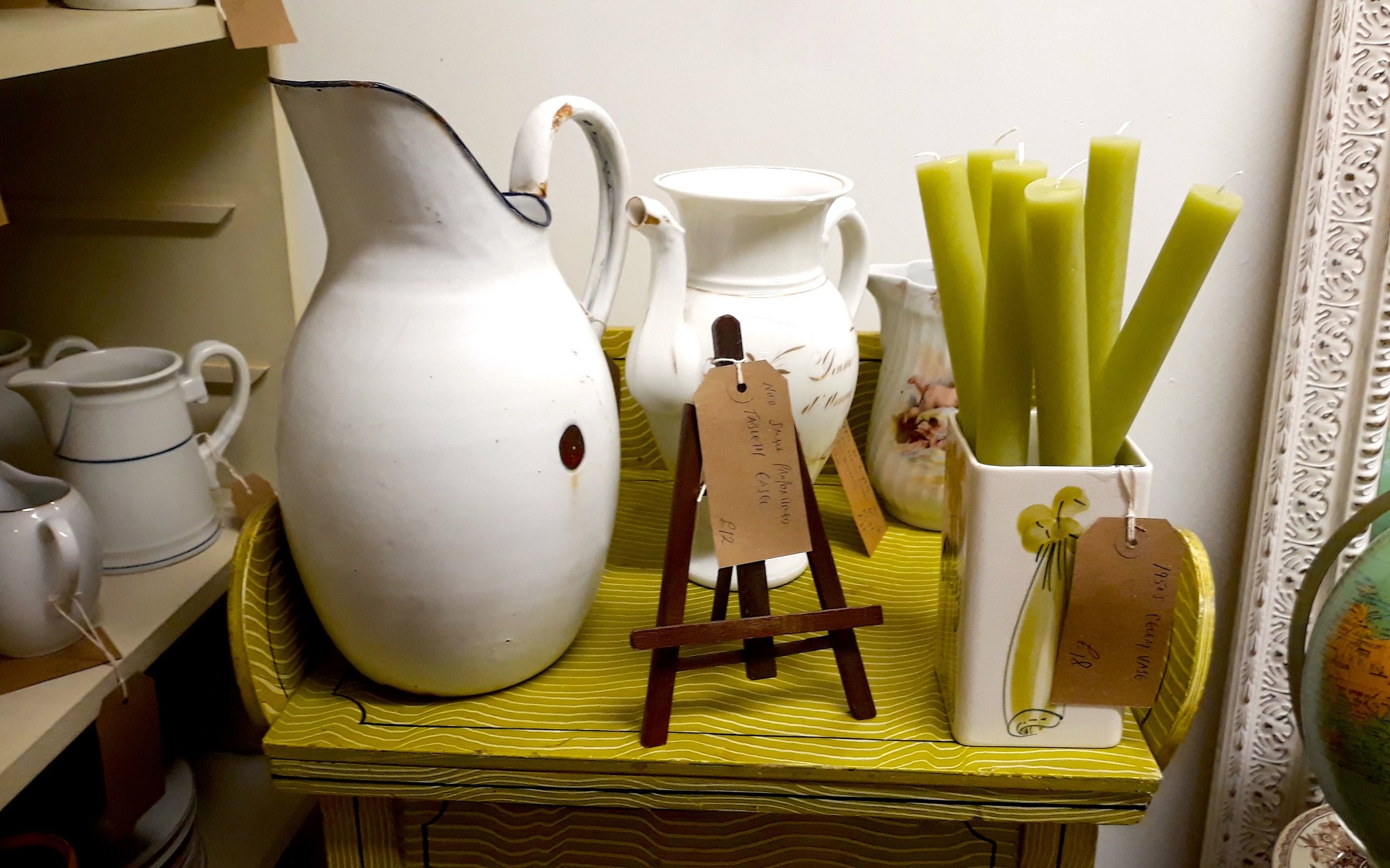 enamel jugs and pistachio coloured candles