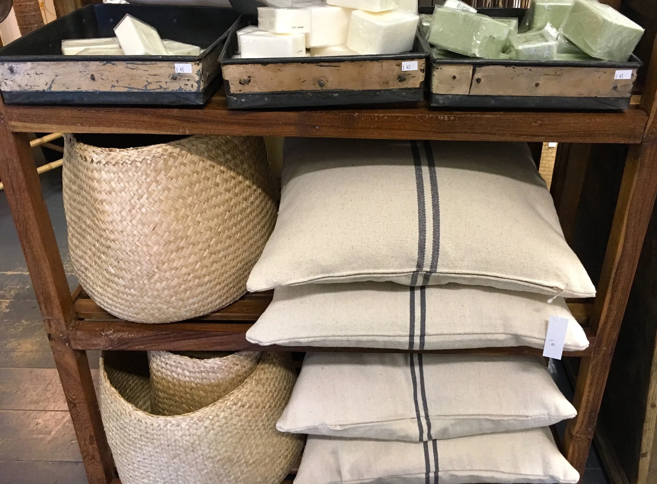classic striped cushions and woven baskets