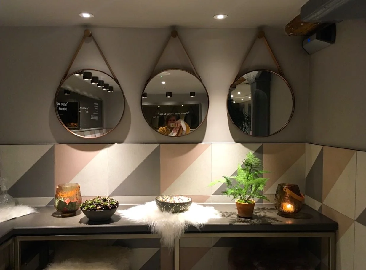 simple shapes, pretty tiles and mirrors in threes