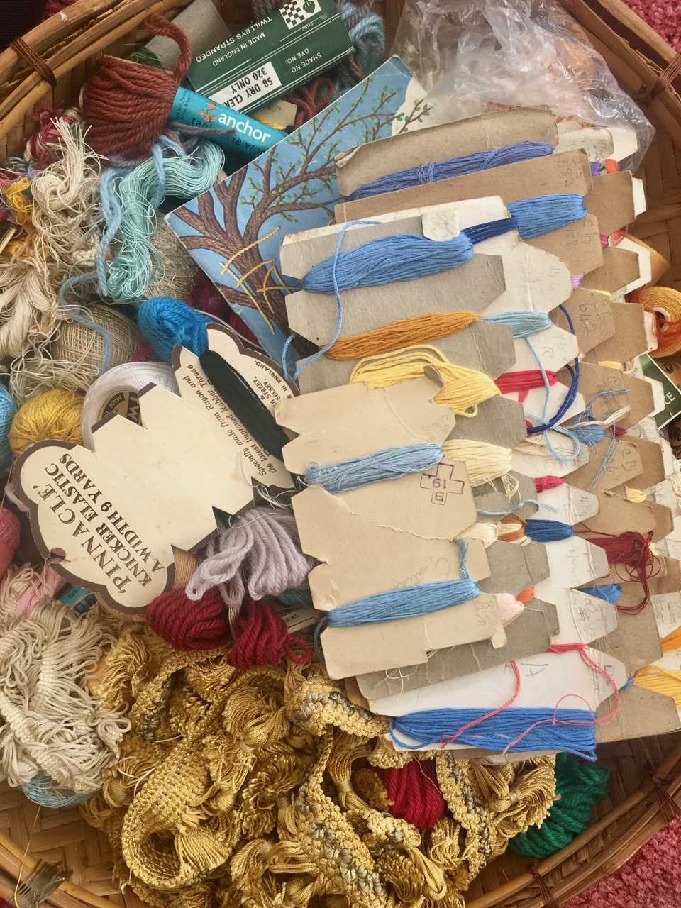 A basket of vintage craft supplies