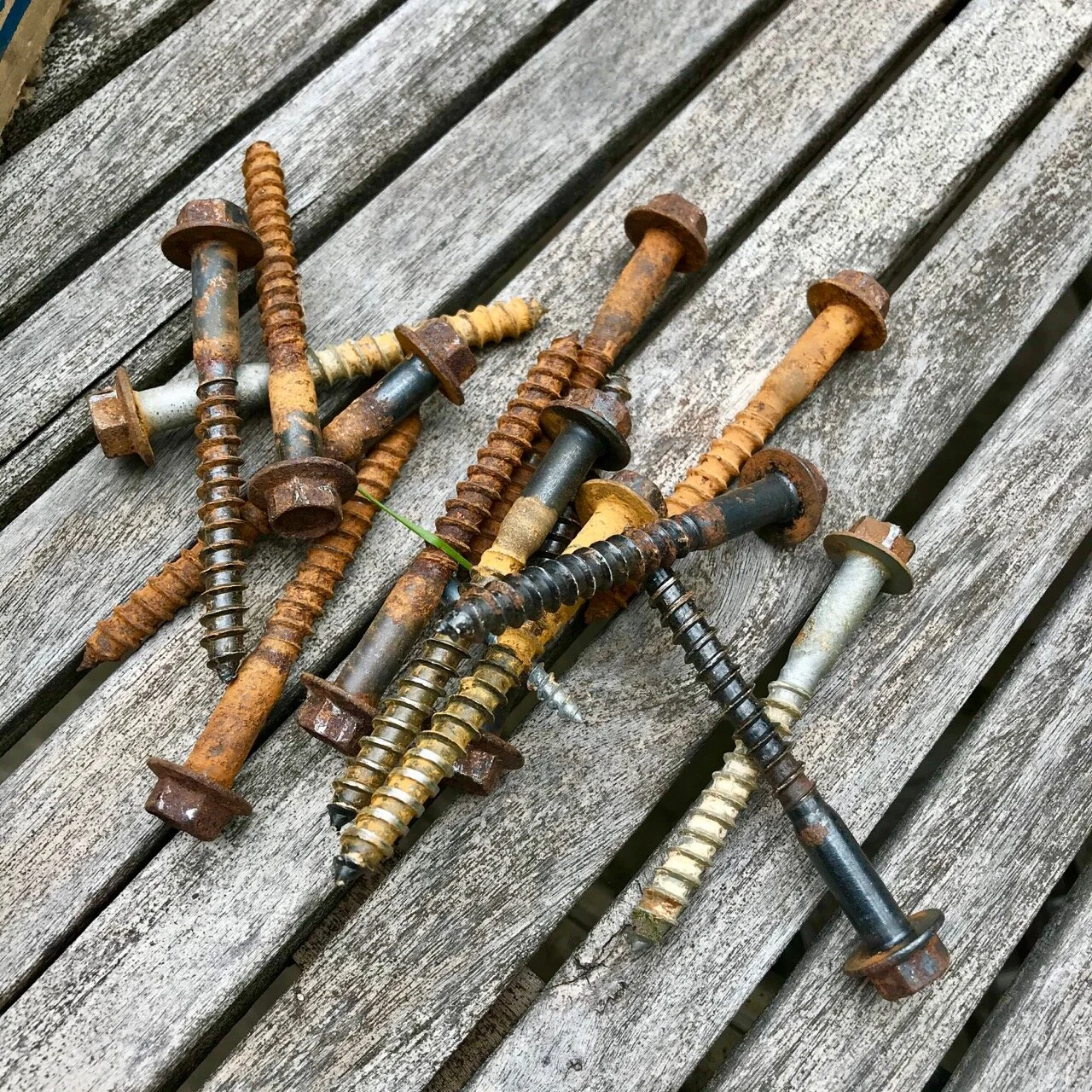 rusty bolts on the garden table