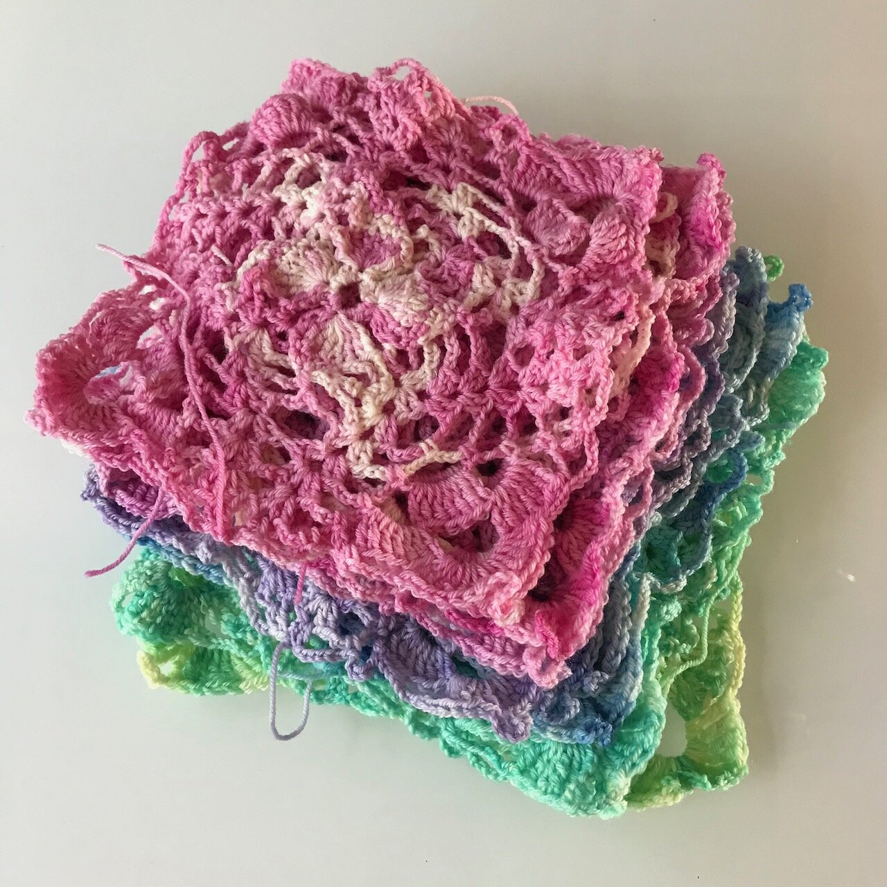 A growing pile of colourful crochet