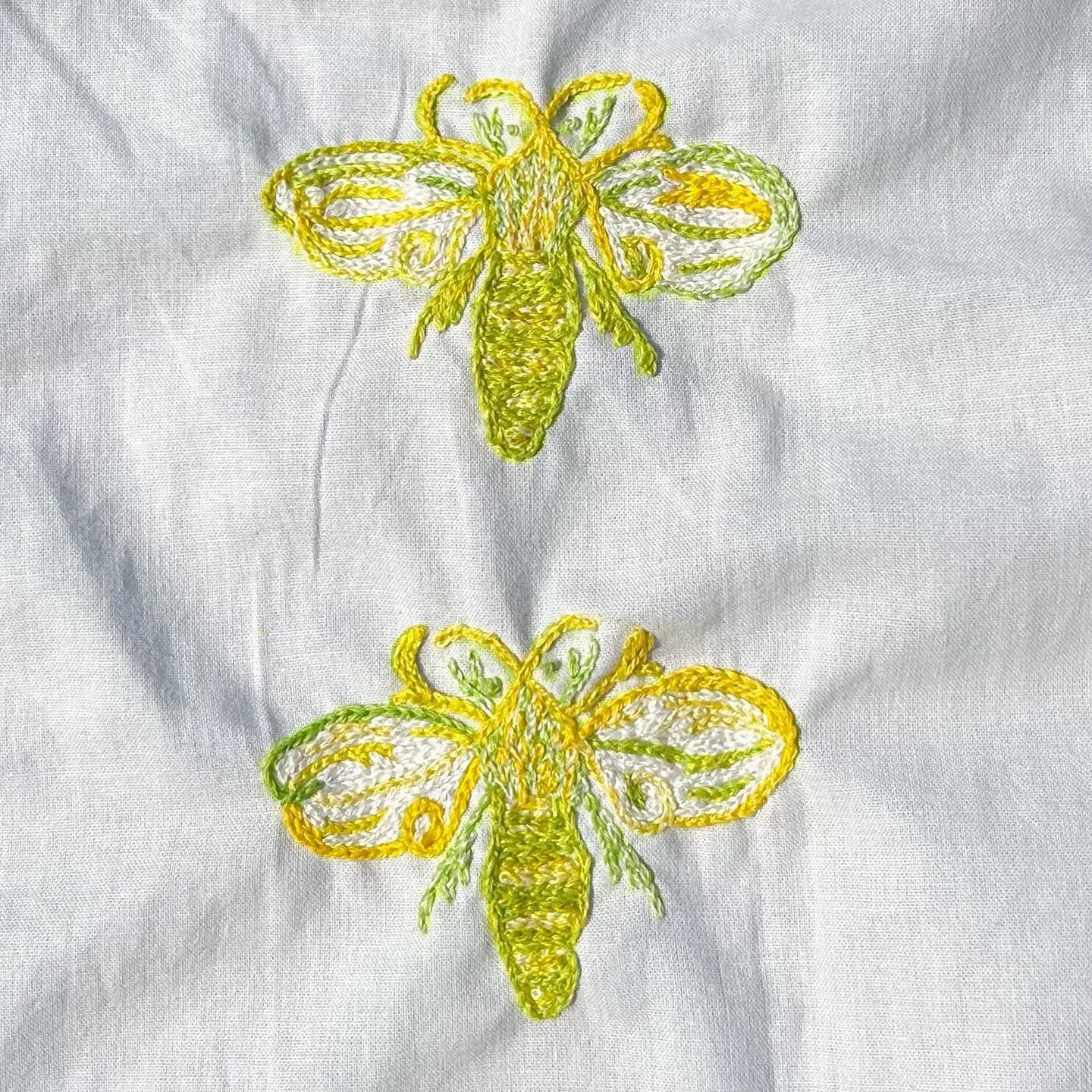 For #worldembroideryday here&rsquo;s two of my three green and yellow insects. I&rsquo;ve embroidered over the #indianblockprinting test prints which didn&rsquo;t work out so well, but using the same colours as the ink - the #embroidery is more succe