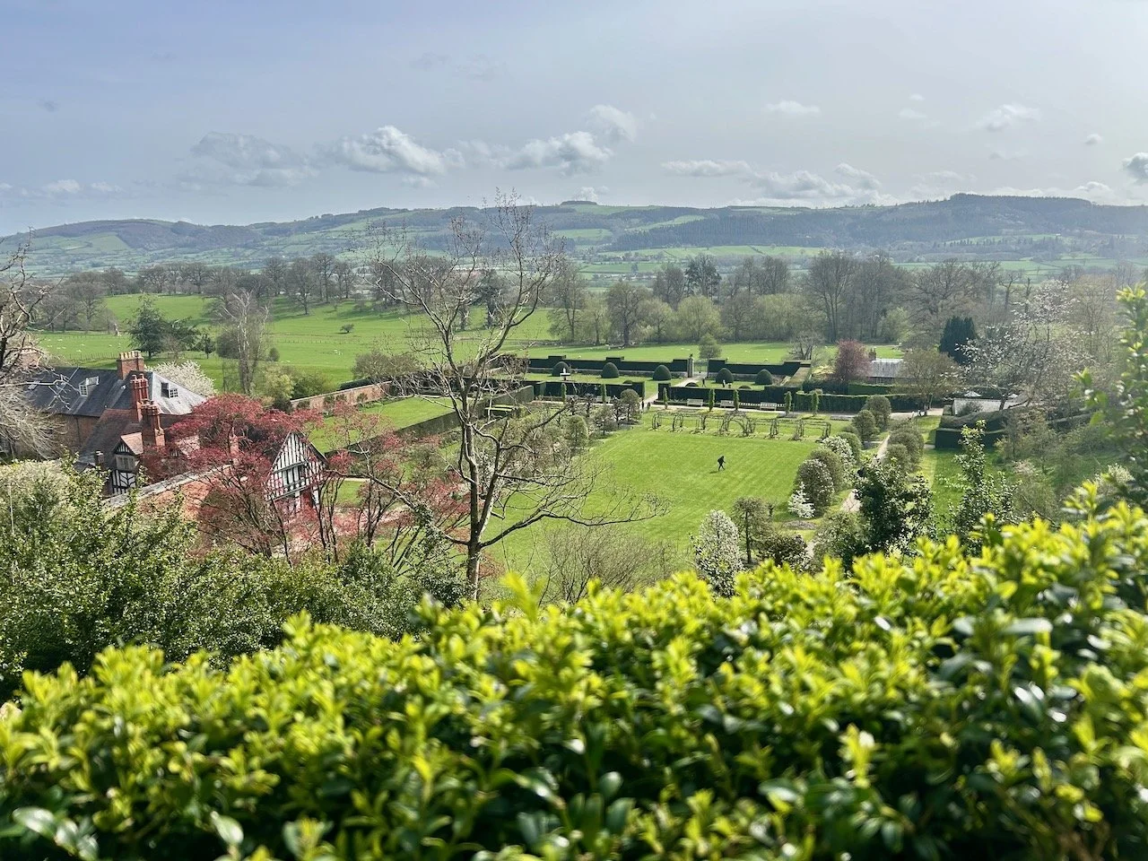 Looking across the Severn valley with the formal garden in the foreground