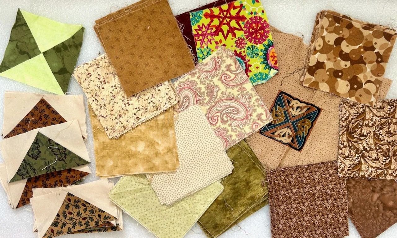 Exploring the contents of a bag of patchworking supplies