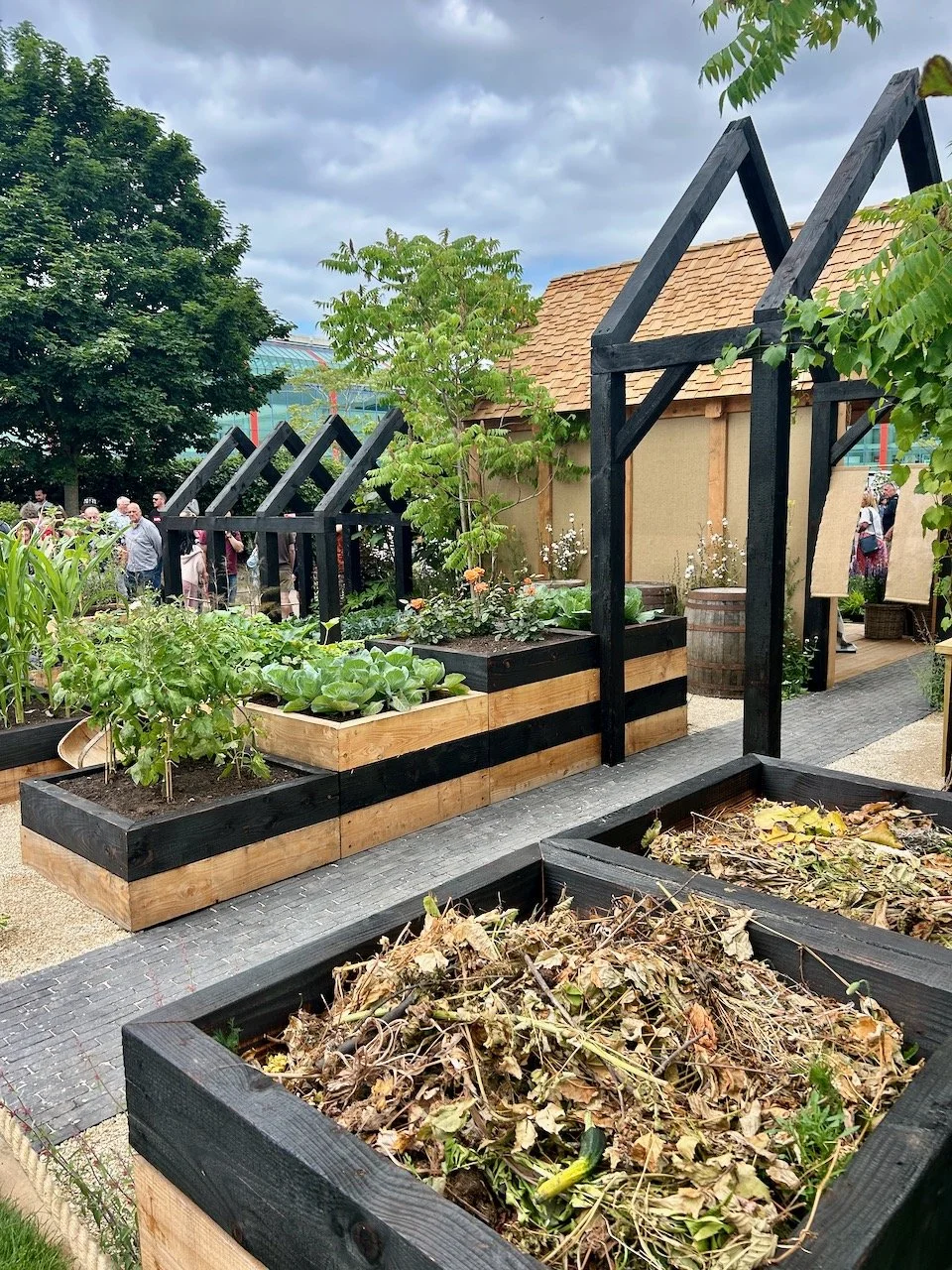 The view across the vegetable raised beds - from the compost bins