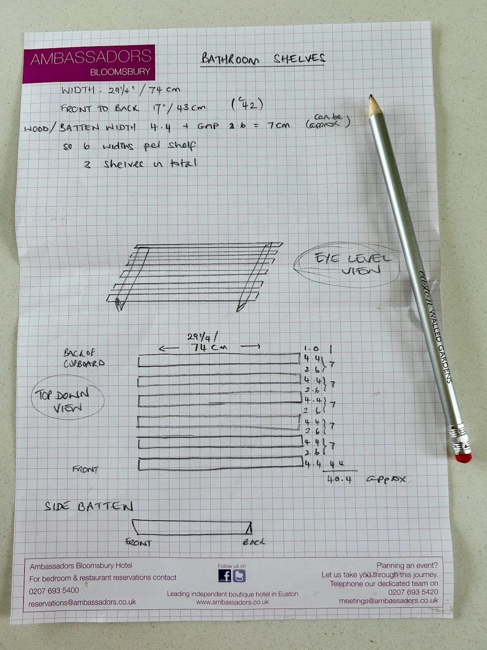 A working plan for our bathroom cupboard shelves including measurements