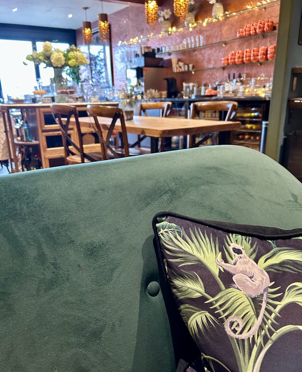 looking across the cafe from our spot on the cosy green sofas