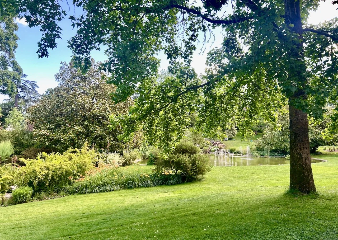 Looking across the lawn towards the central lake