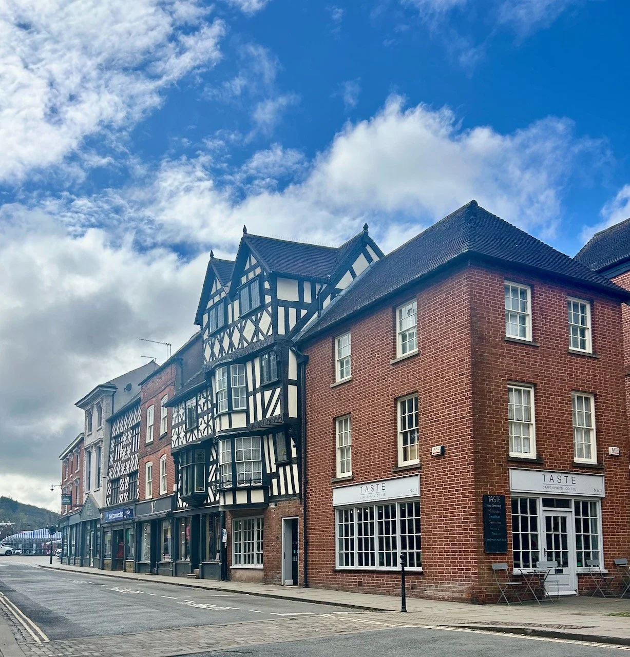 A mix of modern and half timbered buildings in the town's centre