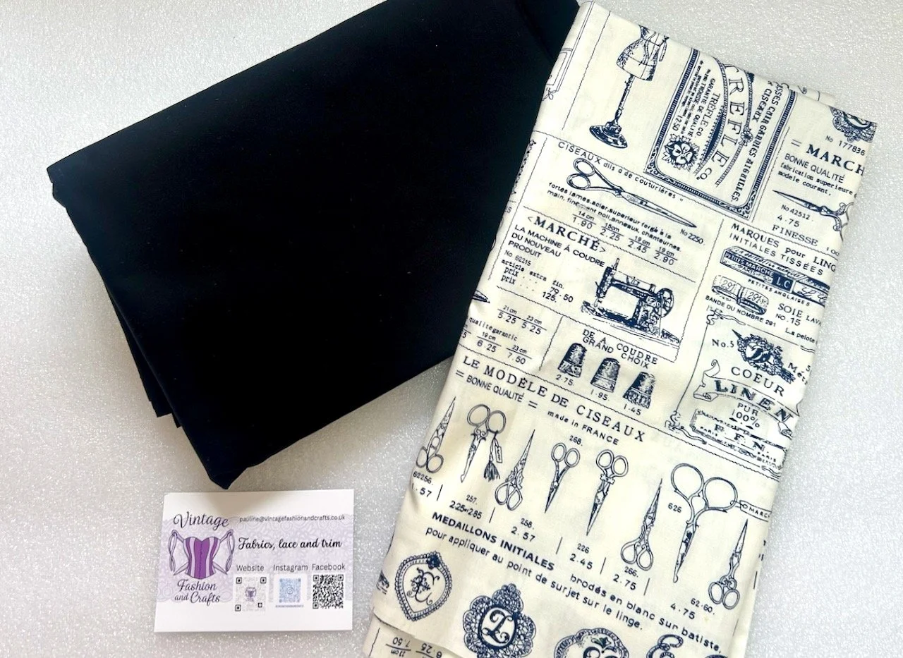 Plain black cotton and the gorgeous blue printed sewing text fabric