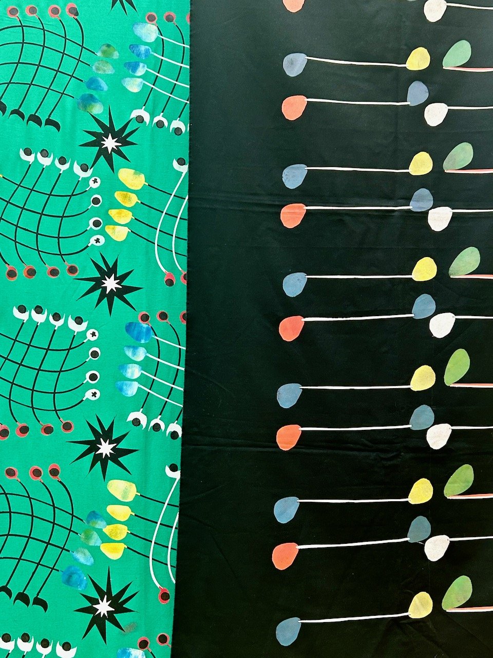 repetitive lines and blobs on a green and black background - two individual pieces of work