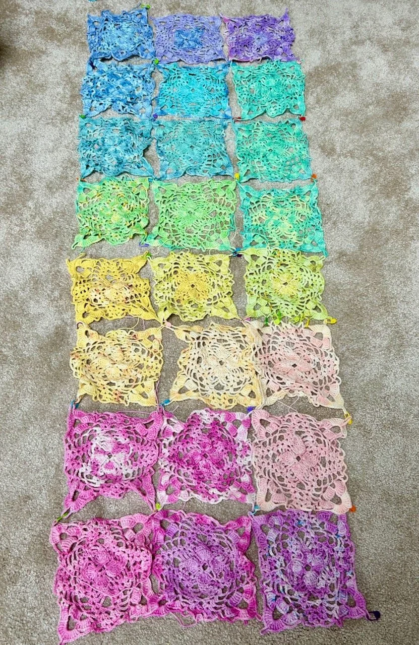 switching colours - now blues and purples at the top, to greens, yellows and ending on pinks