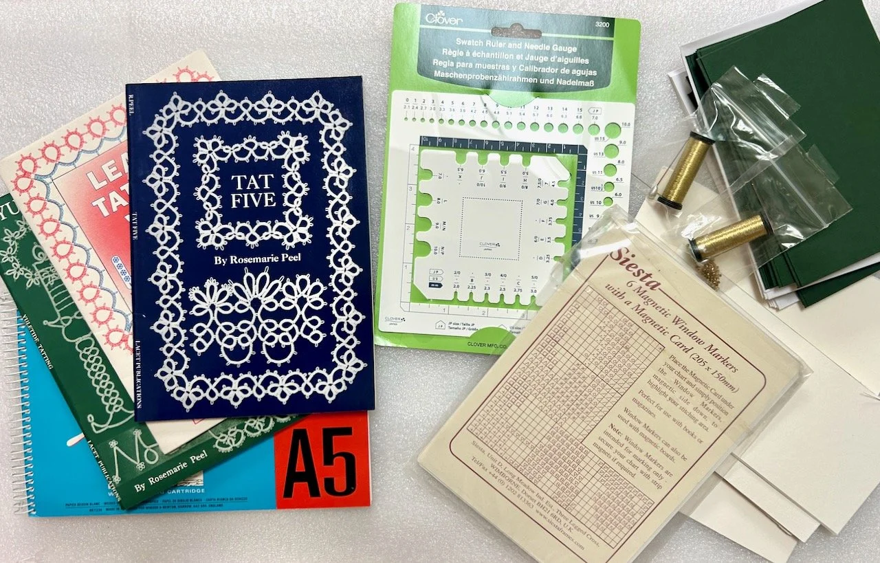 Tatting books, a gauge, window magnetic markers and card blanks
