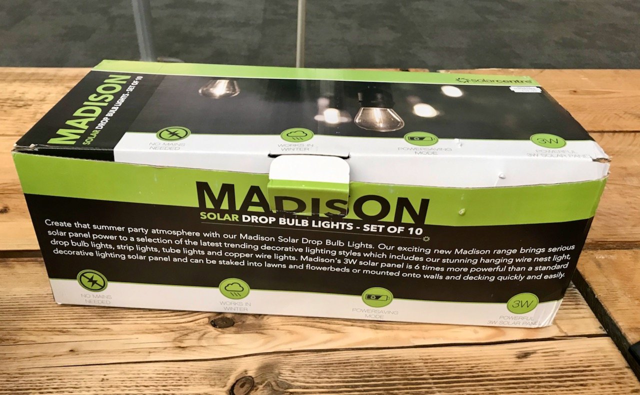A box of 10 solar drop bulb lights