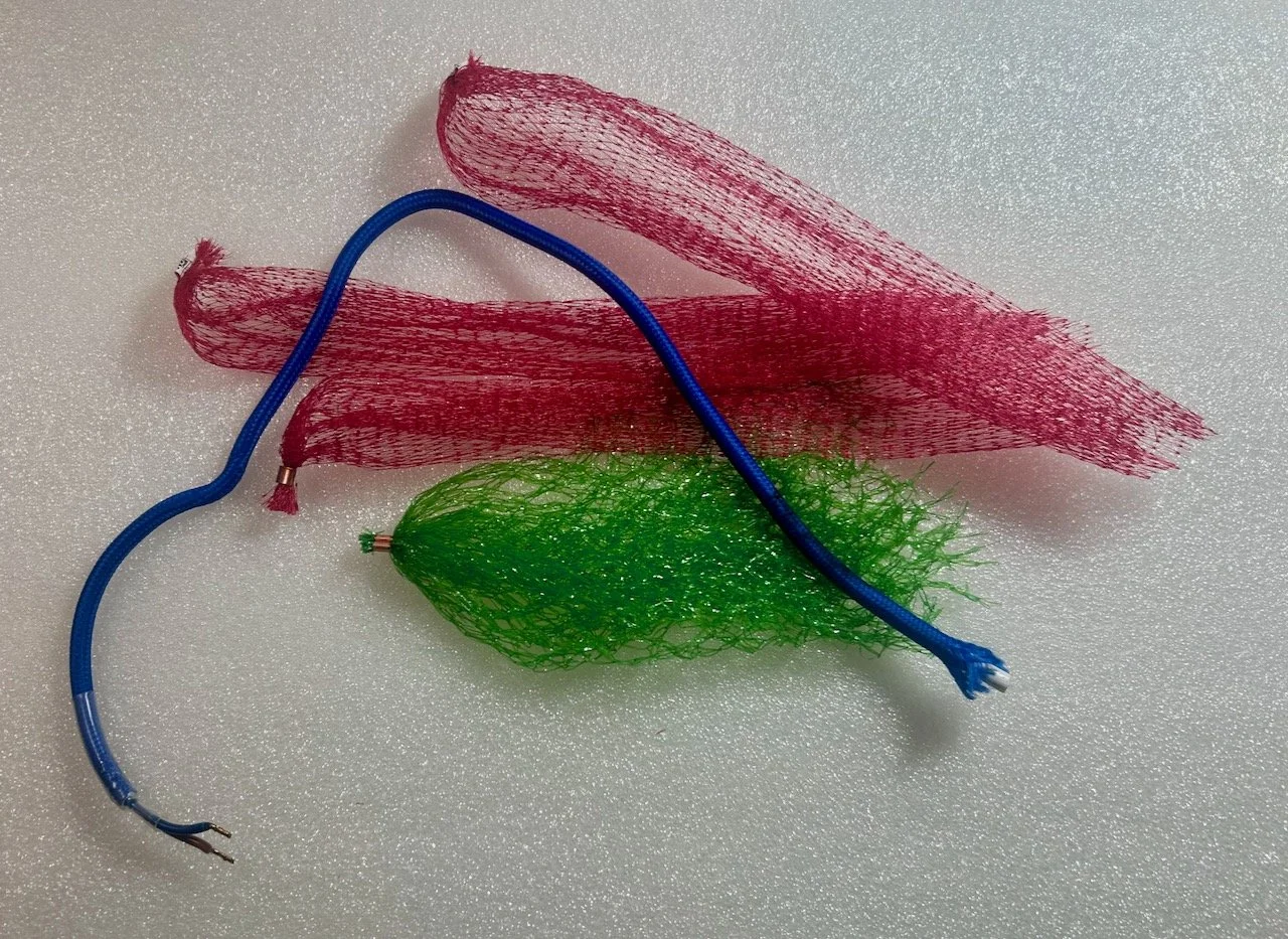 A net from the limes and three from the plums, plus some blue electrical cord from our new chandelier