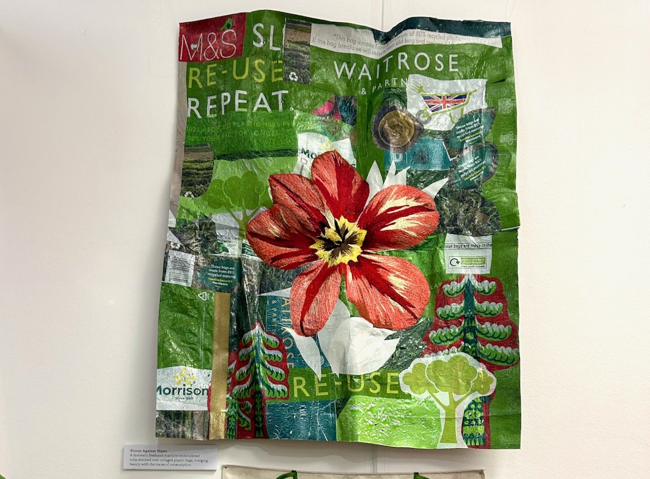 Textured embroidery and plastic bags by Emily Cox