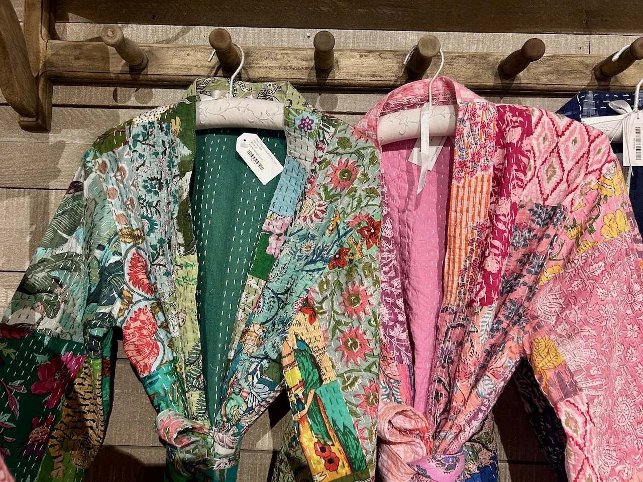 brightly coloured and beautifully stitched patchwork dressing gowns.