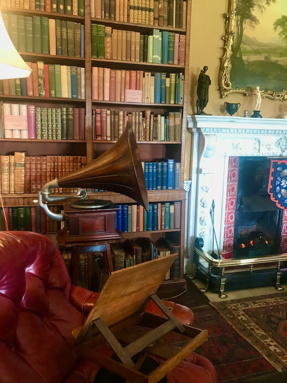A wall of books in the library, with a gramophone and red leather chair in front,  next to a fireplace