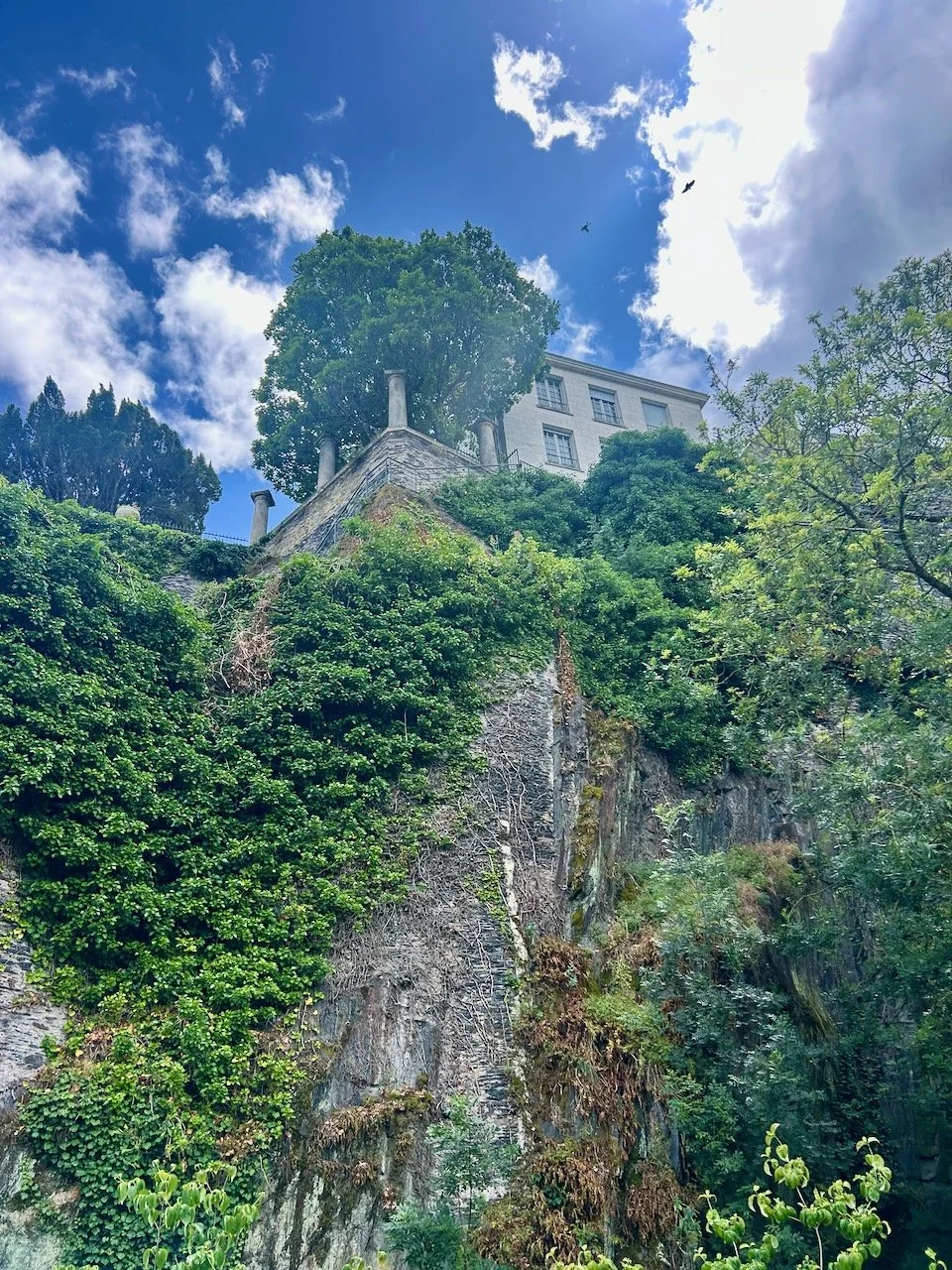 Looking up towards a house and trees on the edge of the rock - high above us