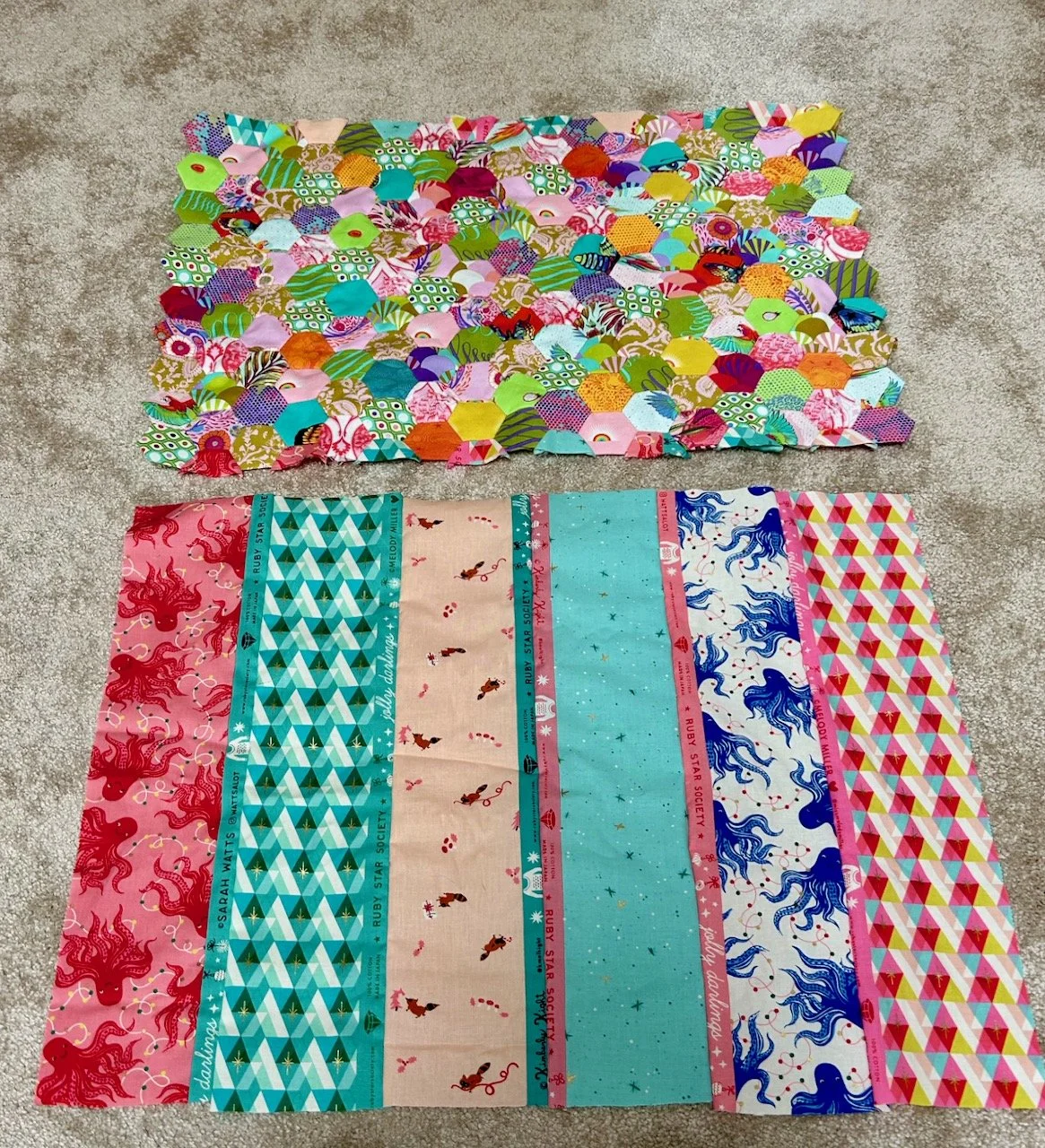 Front and back - top is the random layout front, bottom is strips of fabric from a 'grab bag' machine sewn together