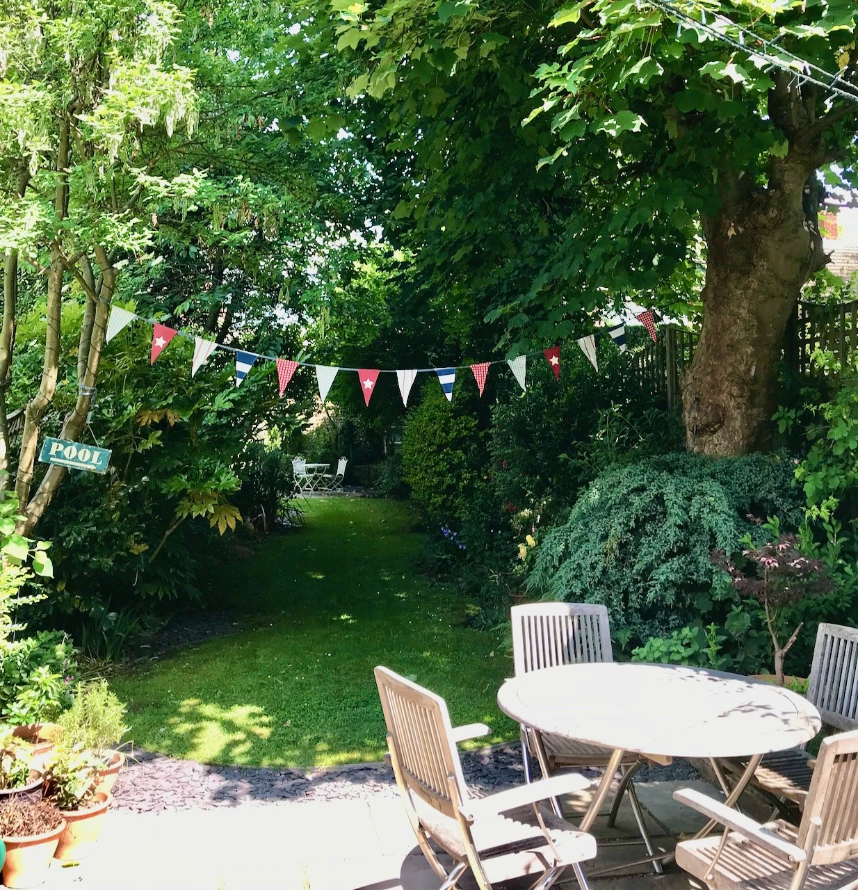 A string of bunting across the trees in my garden