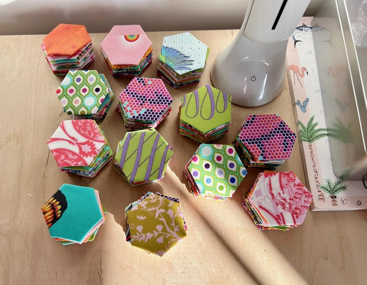 Each pile of hexies representing a single vertical row in the random layout