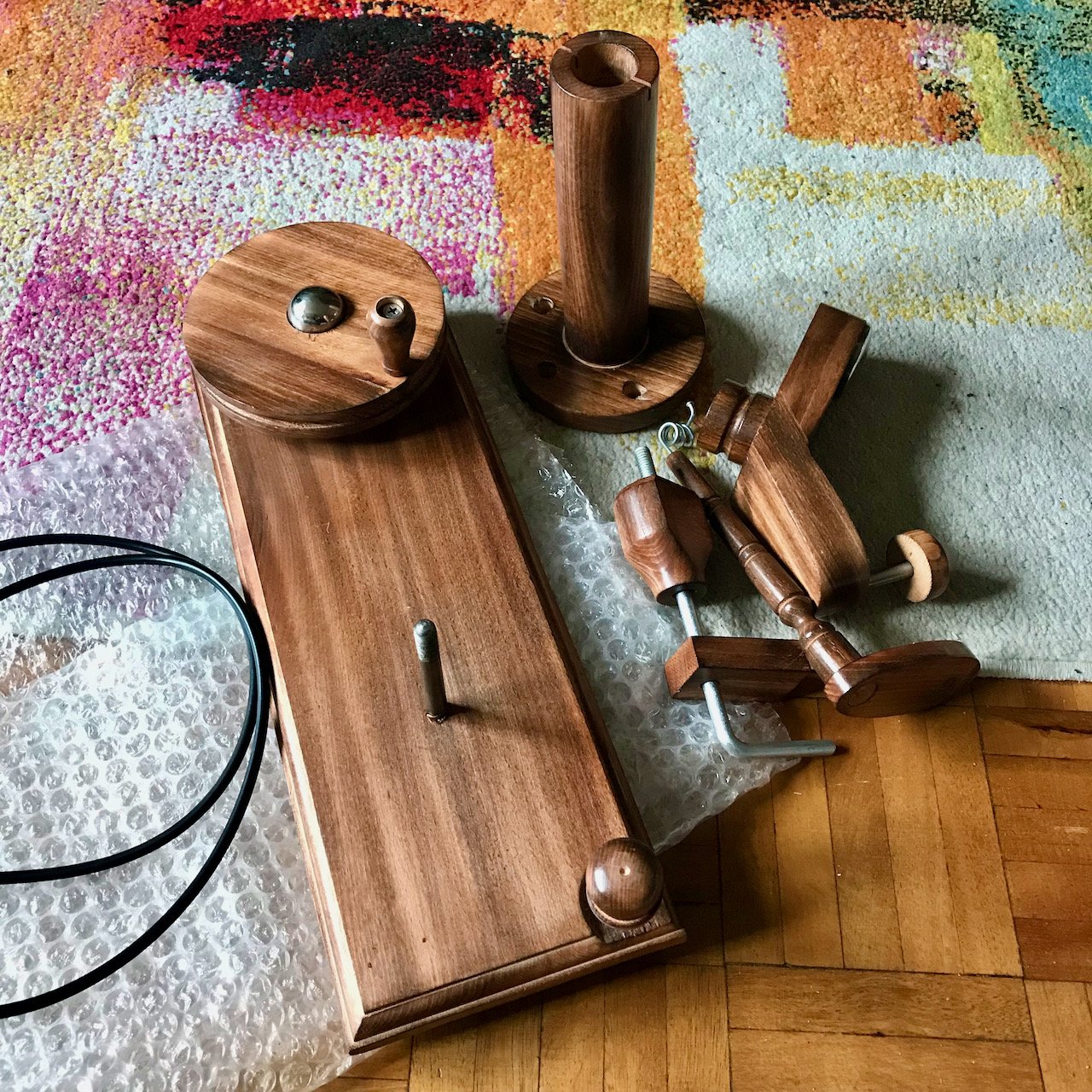 The pieces of my wooden wool winder, before assembly