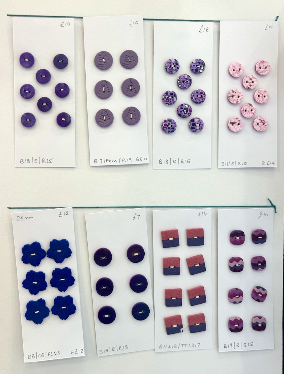 Purple, pinks and blue polymer clay buttons by Jo Hunter Wearable Art