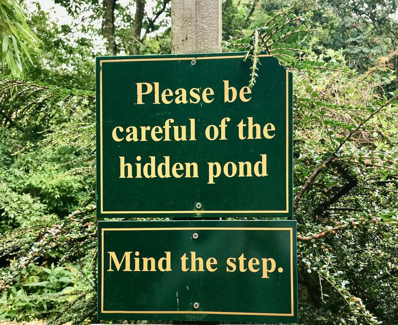 green signs on a post with greenery behind saying "Please be careful of the hidden pond" and "Mind the step"