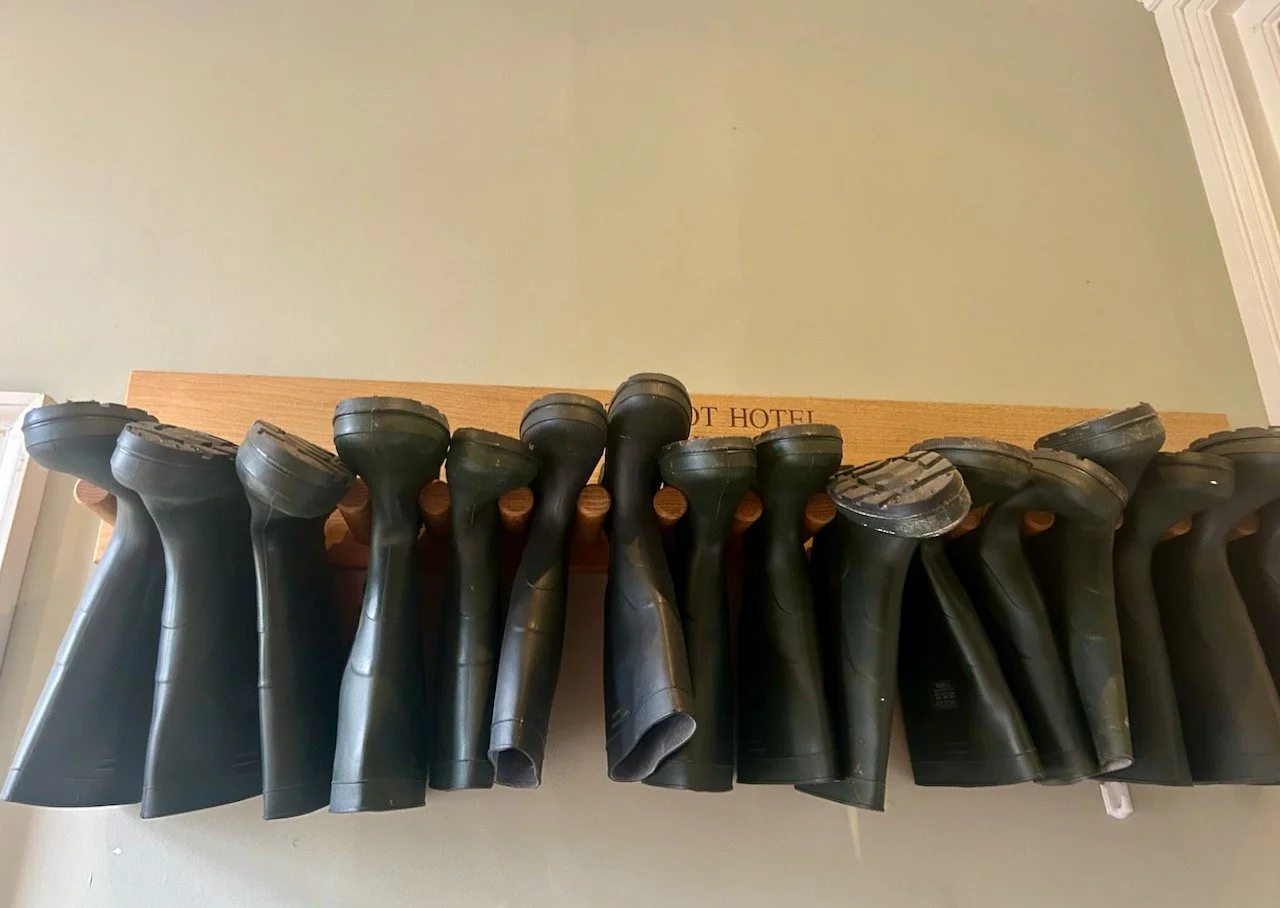 Wellies hanging from wooden pegs