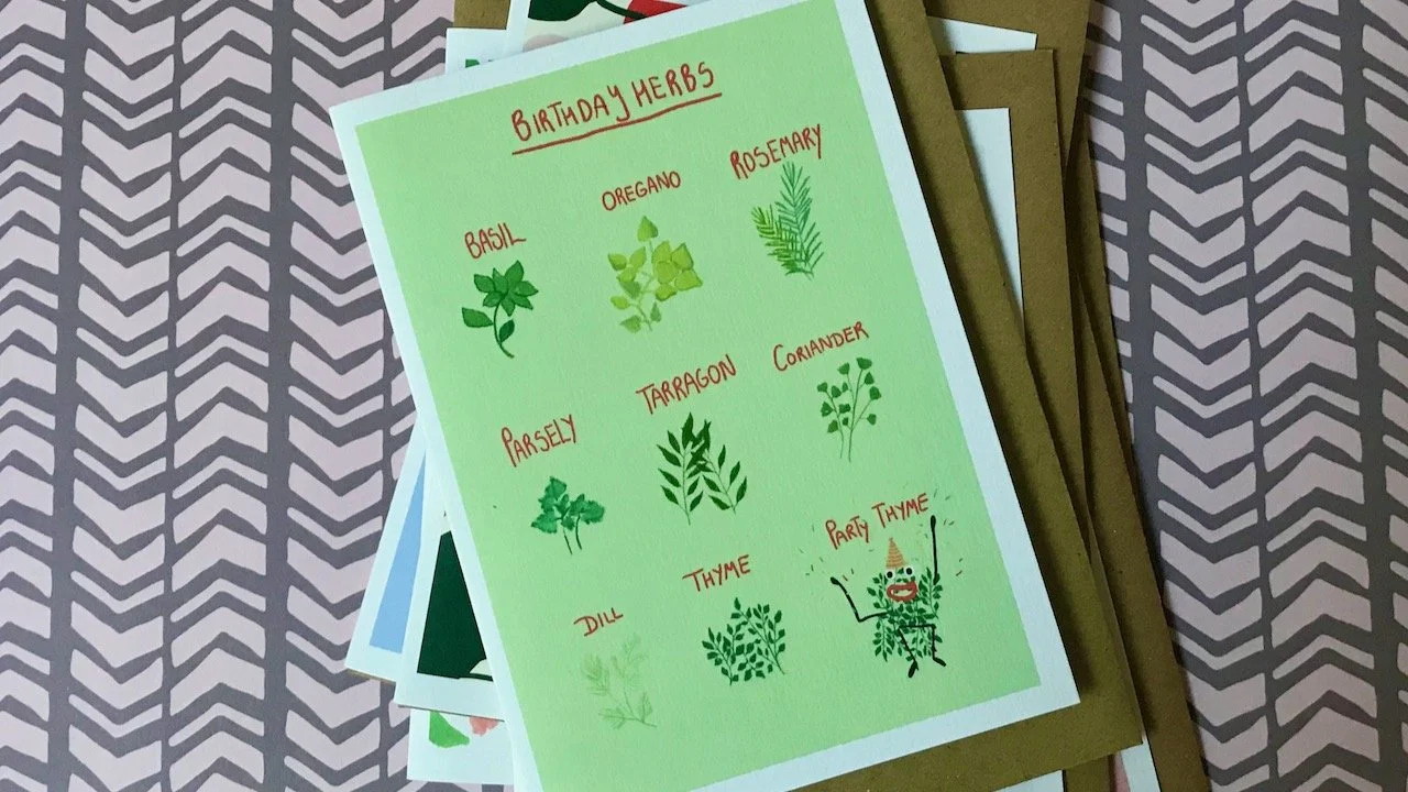 A green card of Birthday Herbs with 9 illustrations of herbs, including Party Thyme