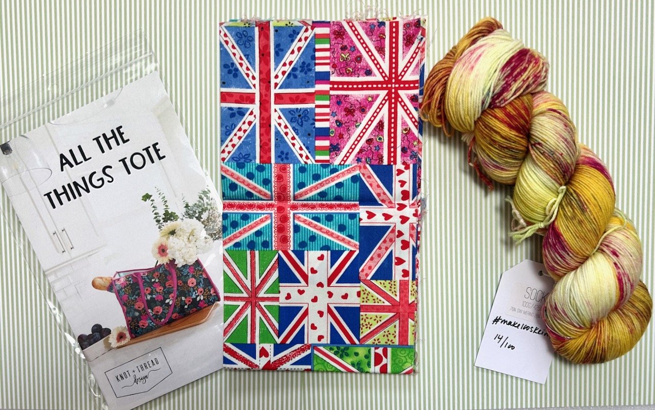 All the things tote pattern, cheerful Union Flag fabric and one of Vicki Brown's 100Skeins for 2026