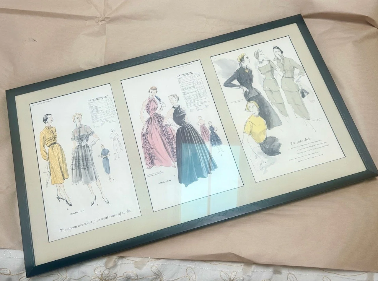 the vogue pattern pages now framed in a black frame and mounted with a beige mount, edged with black