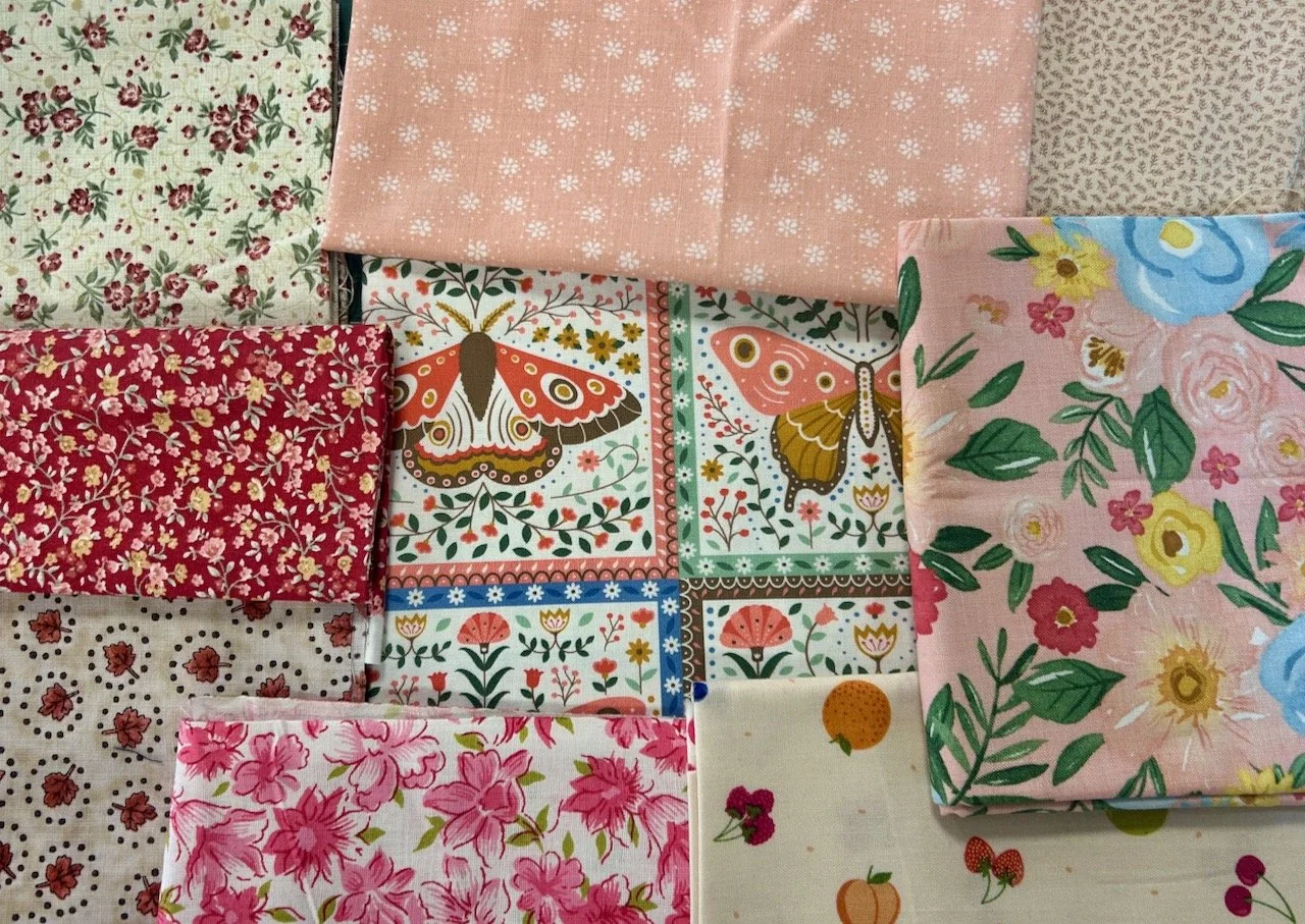From my stash, pinks, florals, butterflies and fruit fabrics