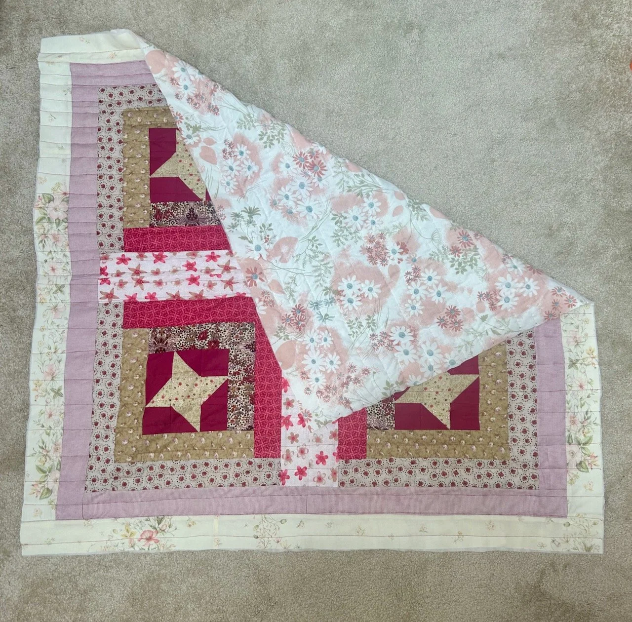 Taking a look at the vintage pink floral backing with one corner folded over to show this
