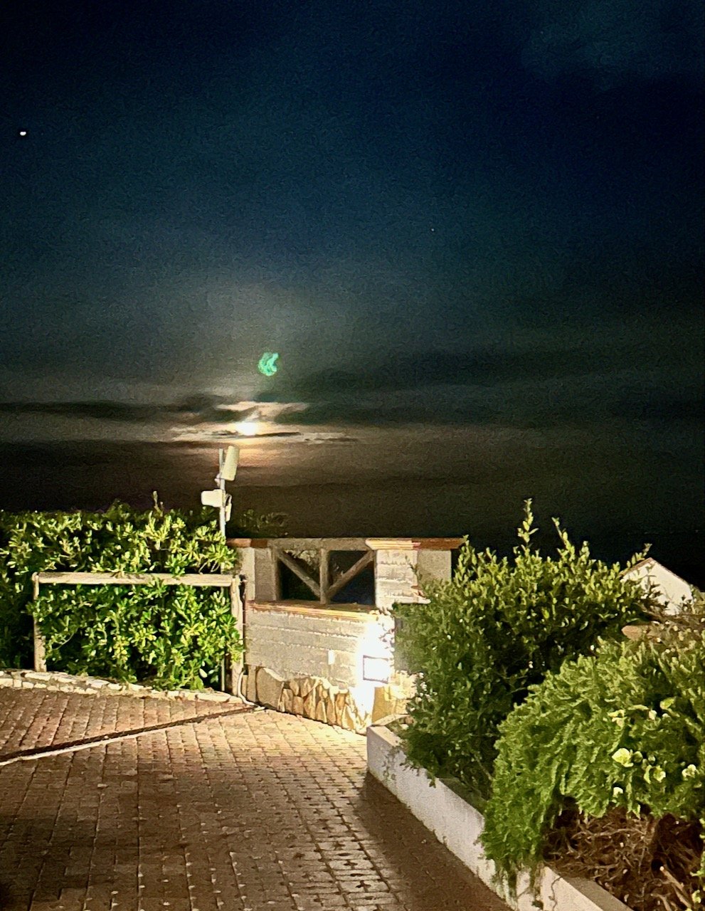 The night time view from our apartment's garden overlooking the sea