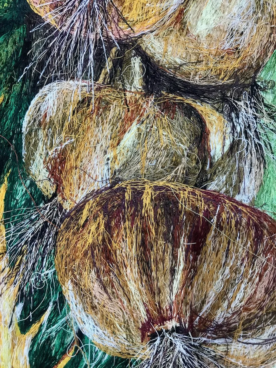 A close up of the embroidery details of three onions, photo taken through the glass display case